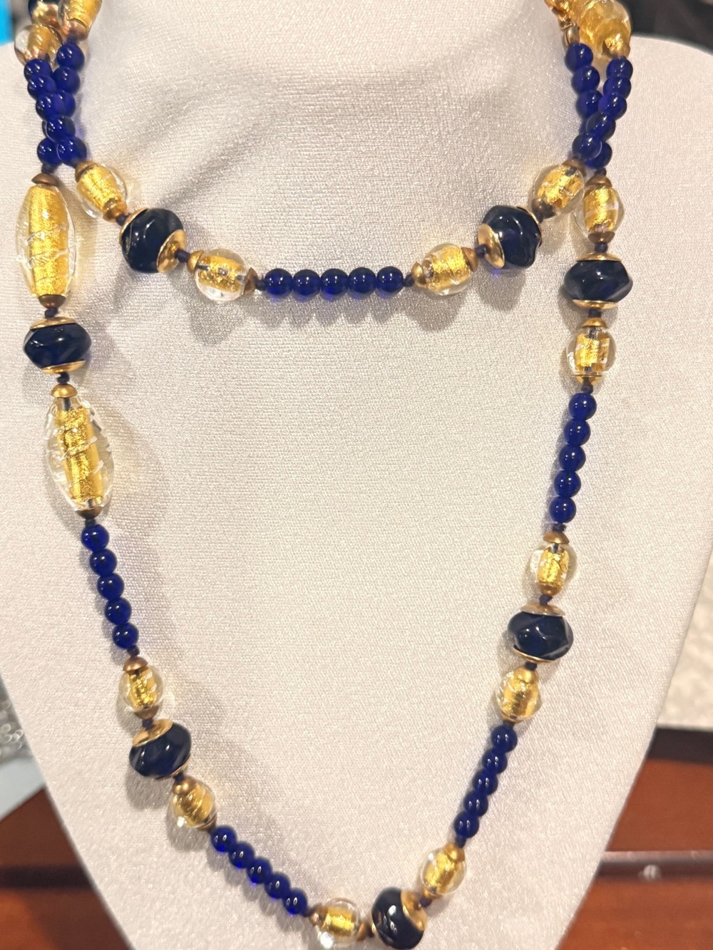 Vintage Venetian Murano Cobalt Blue Gold Foil Glass Bead Necklace & Earrings Set